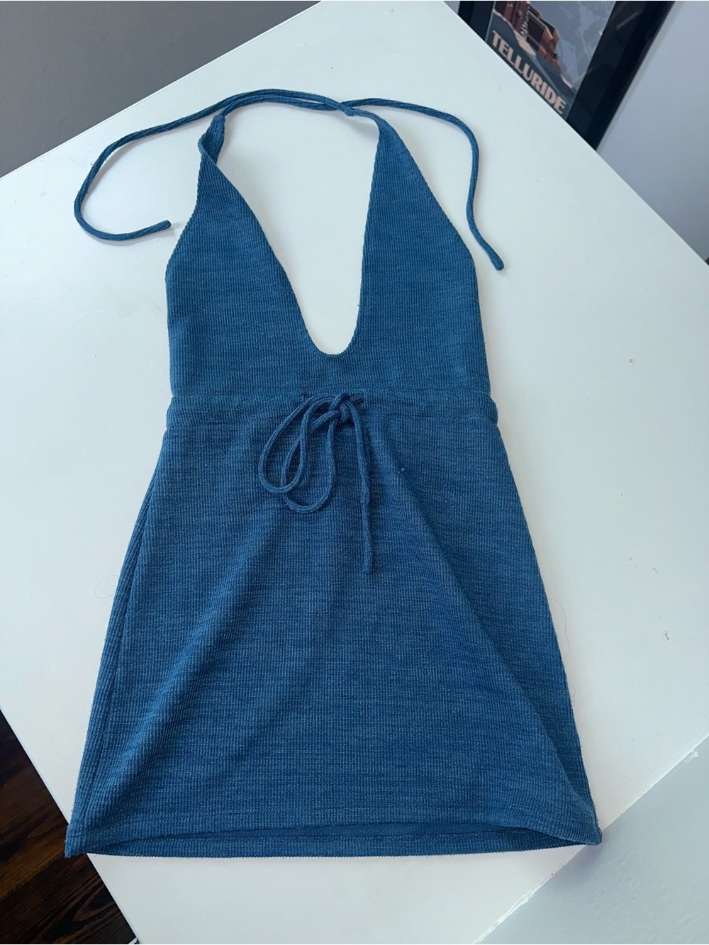 White Fox Boutique Teal Blue Knit Halter Mini Dress